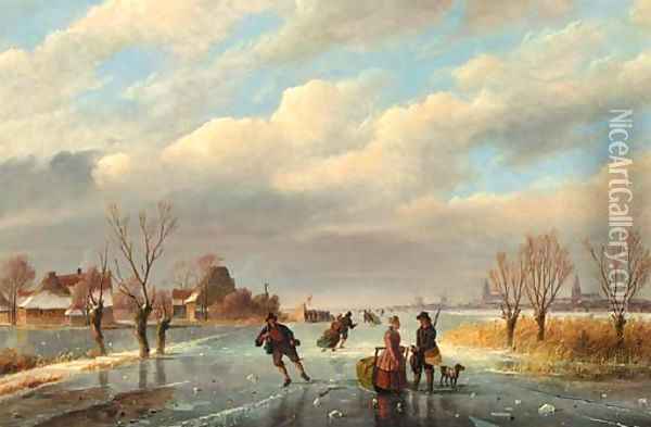 A rendez-vous on the frozen waterway Oil Painting - Nicolaas Johannes Roosenboom