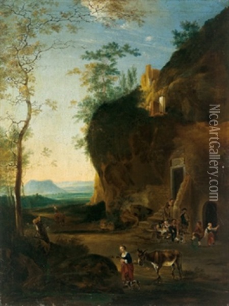 Feiernde Bauern Vor Einer Trattoria In Einer Sudlichen Landschaft Oil Painting - Abraham Jansz. Begeyn