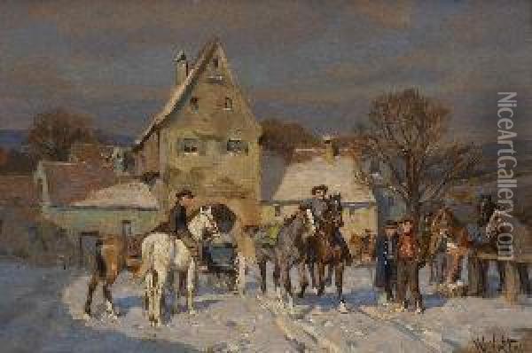 Winterlicher Pferdemarkt. Oil Painting - Wilhelm Velten