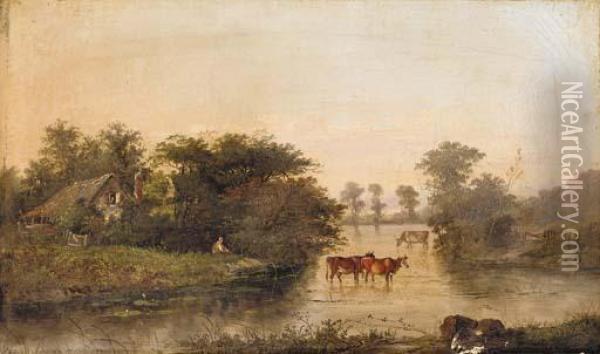 Figures At A Riverside Cottage With Cattle Watering Oil Painting - Henry John Boddington