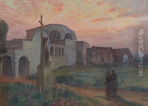 Capistrano Mission At Sunset Oil Painting - Harold Harington Betts