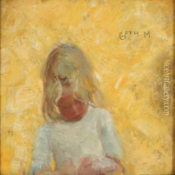 A Little Blonde Girl Ina White Dress Oil Painting - Goth Moricz