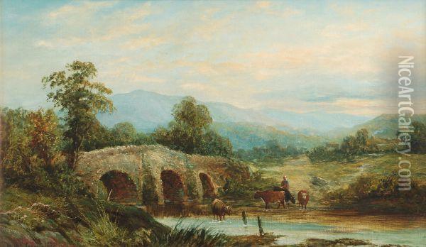 River Scene With Cattle Watering By A Bridge Oil Painting - M.M. Jacobi