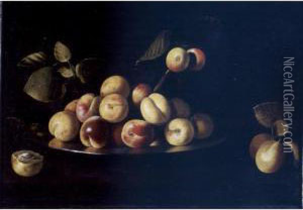 Still Life Of Apricots On A Platter Oil Painting - Juan de Zurbaran