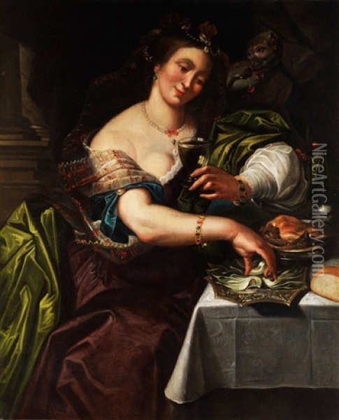 Junge Frau Mit Weinglas Und Einem Affchen An Einem Gedeckten Tisch Oil Painting - Abraham Janssens