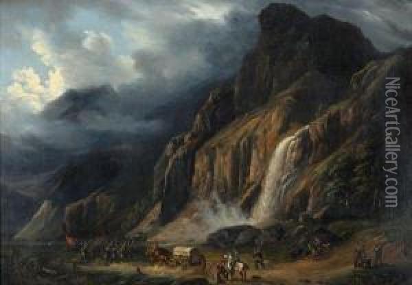 Entree Des Troupes Genevoises En Valais Par La Cascade De Pissevache En Automn3e Oil Painting - Horace Ernest Revilliod