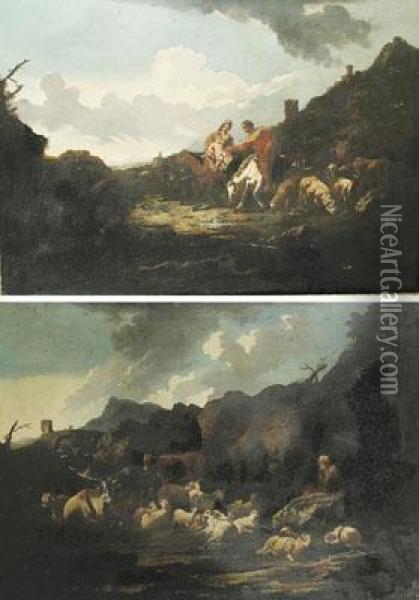 Paesaggi Con Pastore, Armenti E Contadini Oil Painting - Giovanni Benedetto Castiglione