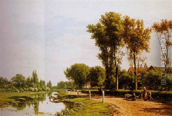 A Summer Landscape With Figures Along A River Oil Painting - Jacob Jan van der Maaten