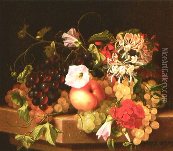 Still Life With Grapes, Peaches And Flowers Oil Painting - Adelheid Dietrich