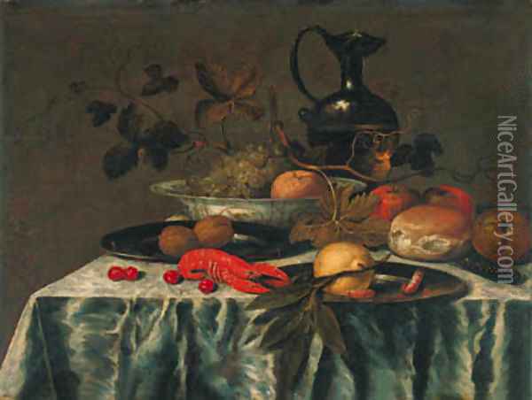Grapes, vine leaves and an orange in a Wanli 'kraak' porselein dish Oil Painting - Roelof Koets