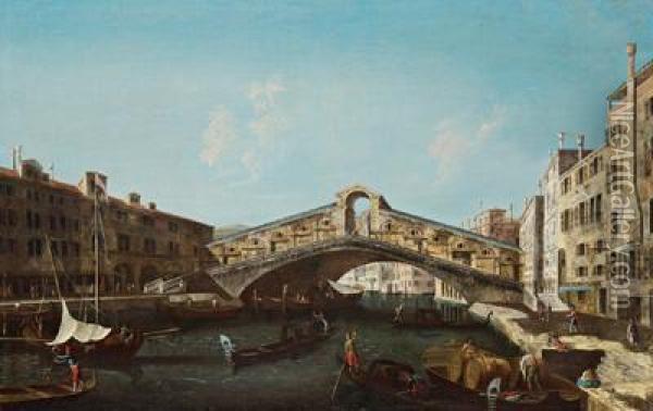 Il Ponte Di Rialto Con Le Rive Del Ferro E Del Vin Oil Painting - Francesco Albotto