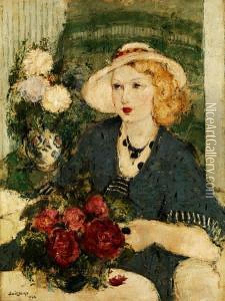 Dame Mit Sommerhut An Einem Tisch Mit Blumenvasen Oil Painting - Narcisse Guilbert