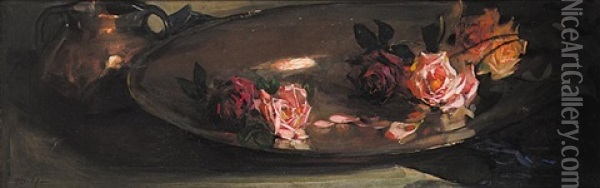 Roses And Brass Oil Painting - Florence Carlyle