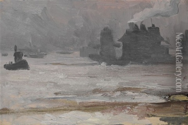 \hamburger Hafen Im Nebel (+ Elbansicht; 2 Works) Oil Painting - Erich Kips