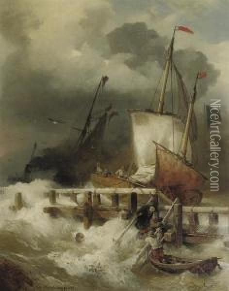 Entering The Harbour During A Storm Oil Painting - Andreas Achenbach
