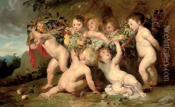 Putti carrying a swag of fruit in a landscape Oil Painting - Sir Peter Paul Rubens