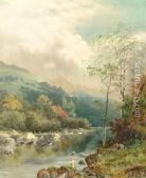 'on The Dee Near Llangollen' 'w H Mander 90' (lower Left) And Inscribed Verso Oil Painting - William Henry Mander