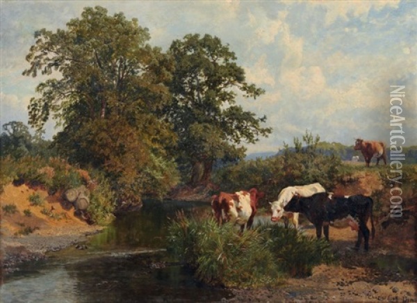 Rastende Kuhe Am Sommerlichen Flusslauf Oil Painting - Charles Collins II