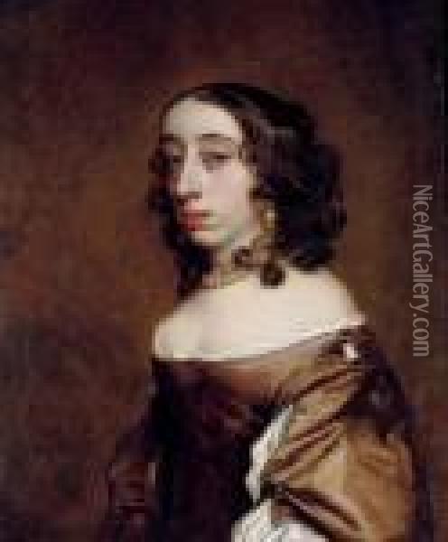 Portrait Of A Lady, Bust-length, In A Brown Dress With White Trim Oil Painting - Sir Peter Lely