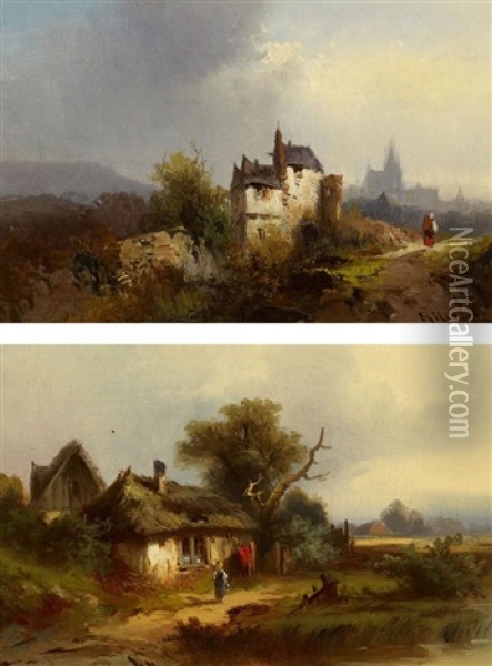 Zwei Gemalde: Landschaften Mit Gehoften (pair) Oil Painting - Heinrich Hiller