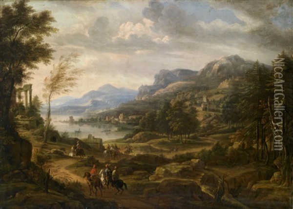 Weite Sudliche Kustenlandschaft Mit Einer Antiken Ruine Und Turkischen Reitern Oil Painting - Willem Van Bemmel