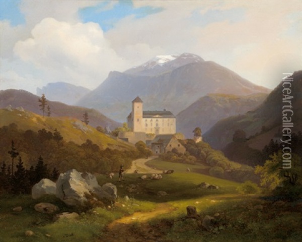 Blick Auf Schlos Kranichberg, Im Hintergrund Der Schneeberg Oil Painting - Alexander Trichtl