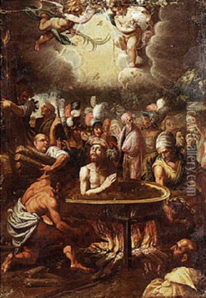 The Martyrdom Of Saint John The Evangelist Oil Painting - Juan de las Roelas