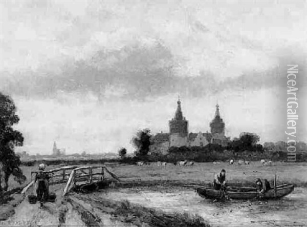 A View Of The Old Castle Of Abcoude Oil Painting - Johannes Hermanus Barend Koekkoek