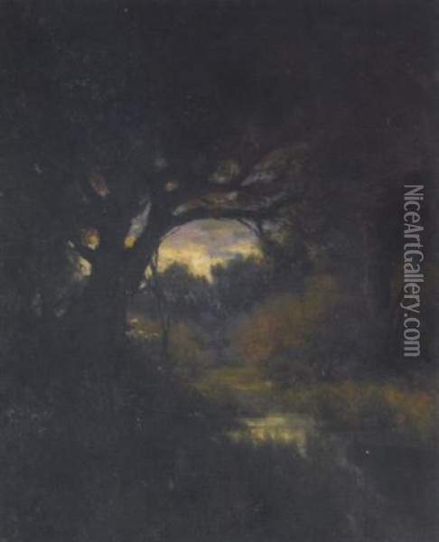 A Pond Under The Oaks At Sunset Oil Painting - Giuseppe Cadenasso