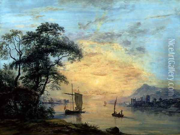 A Welsh Sunset River Landscape, c.1775-1800 Oil Painting - Paul Sandby