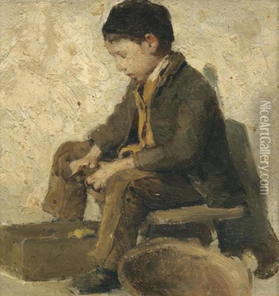 Sitzender Knabe, Gemuse Rustend Oil Painting - Albert Anker