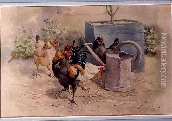 Chickens by a Watering Can Oil Painting - William Baptiste Baird