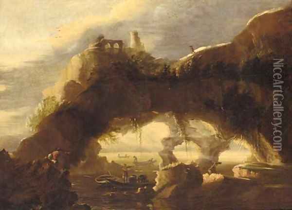 A rocky coastline with anglers before a natural arch Oil Painting - Salvator Rosa