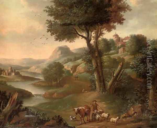 A river landscape with a shepherd and his flock on a track Oil Painting - Jan Griffier