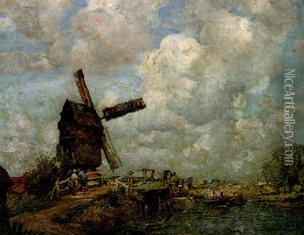 A Dutch River Landscape With Figures Near A Windmill Oil Painting - William Watt Milne