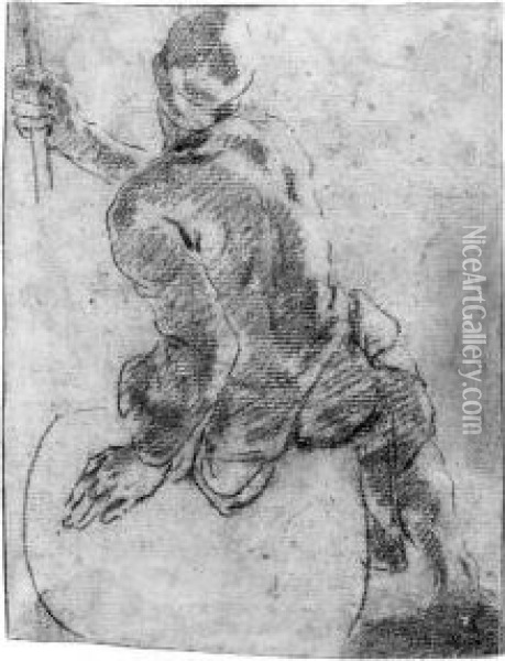 A Man Lifting A Barrel (recto); A Draped Nude Sitting On A Barrel,holding A Rope (verso) Oil Painting - Angelo Trevisani