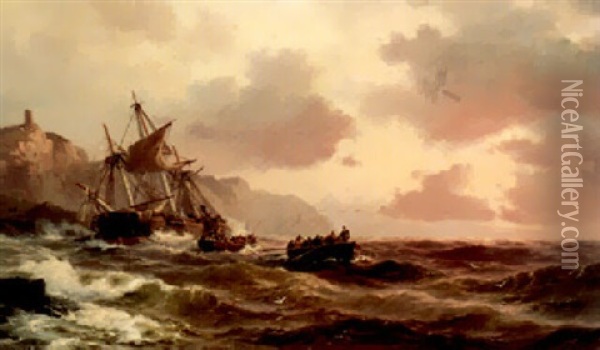 Rescue Boats Off A Rocky Coast Oil Painting - Vilhelm Melbye