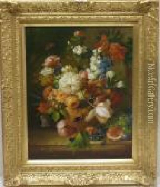 Still Life Flowers And Fruit Oil Painting - Thomas Webster