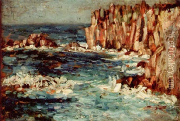 Waves Breaking On A Rocky Coastline Oil Painting - James Levin Henry