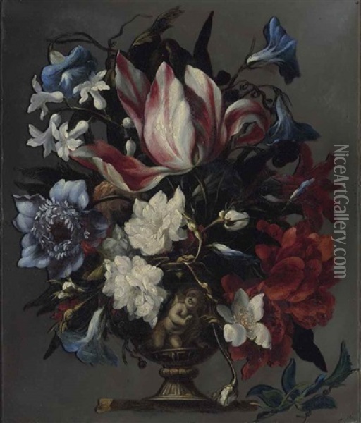 A Parrot Tulip, An African Marigold, Morning Glory, Hyacinths And Other Flowers In A Sculpted Urn, On A Ledge Oil Painting - Bartolome Perez