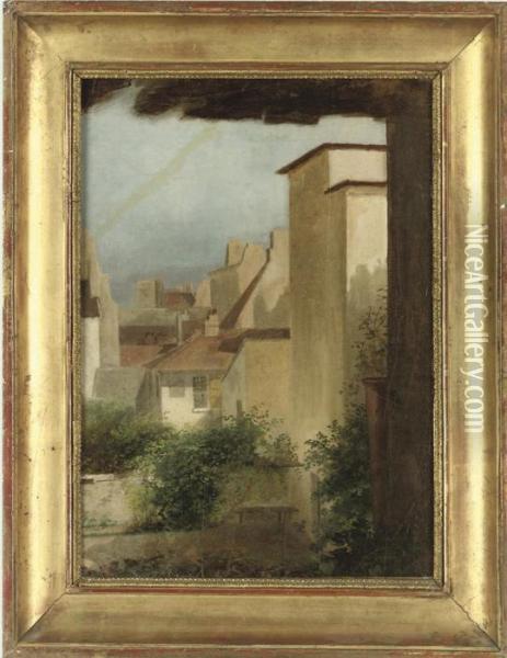 Study Of A Courtyard Garden With Rooftops Beyond Oil Painting - Eugene Napoleon Flandin
