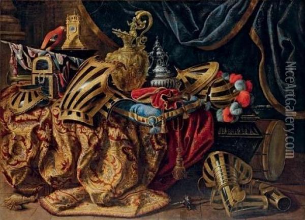 Pieces Of Parade Armour, A Plumed Helmet, A Pistol In A Case, A Gilt Ewer, A Silver Perfume Burner, A Jewellery Box, A Trumpet And A Flag On A Partly-draped Cassone, With A Parrot, A Renaissance Pillar Clock On A Pedestal And A Drum And A Mace On A Stone Oil Painting - Magdeleine Boulogne