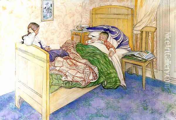 In Mother's Bed Oil Painting - Carl Larsson