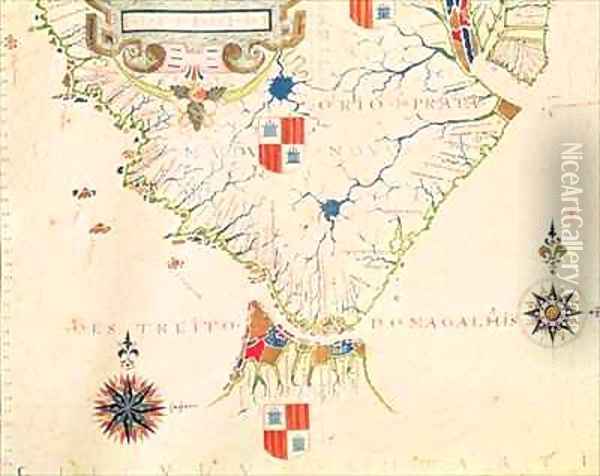 Fol 13 Map of South America and the Magellan Straits from an atlas Oil Painting - Fernao Vaz Dourado