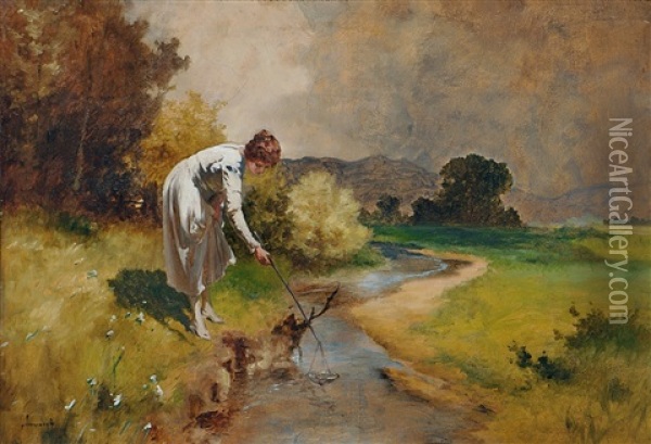 Junge Dame Am Bach Oil Painting - Antal (Laszlo) Neogrady