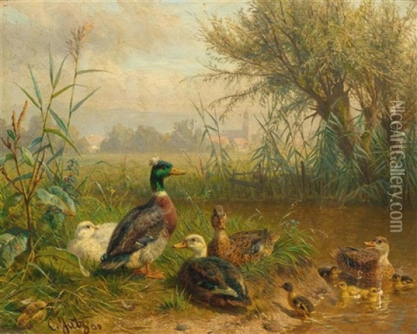 Poultry By A Pond Oil Painting - Carl Jutz the Elder