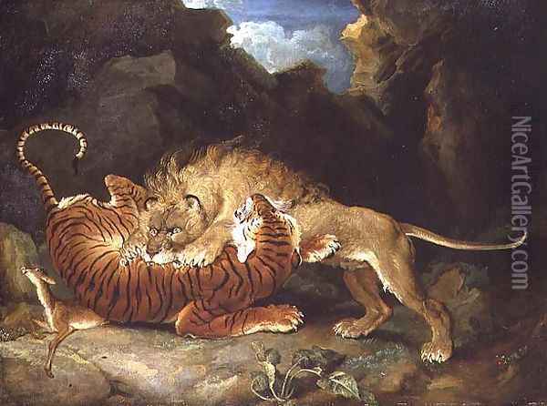 Fight between a Lion and a Tiger, 1797 Oil Painting - James Ward