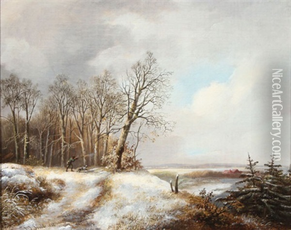 Hunter With Dog In Winter Landscape Oil Painting - Jan Jacob Spohler