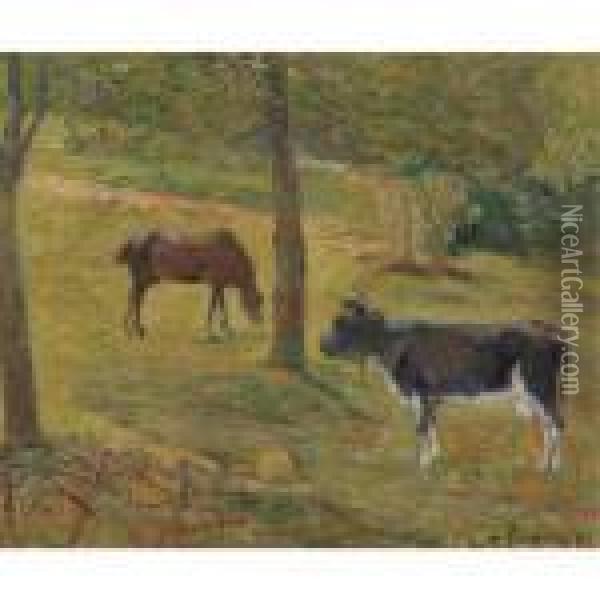 Vache Et Cheval Dans Un Pre Oil Painting - Paul Gauguin