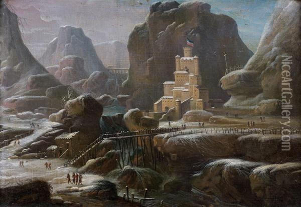 Paysage De Neige Avec Un Chateau Au Bord D'une Falaise Oil Painting - Johann Oswald Harms